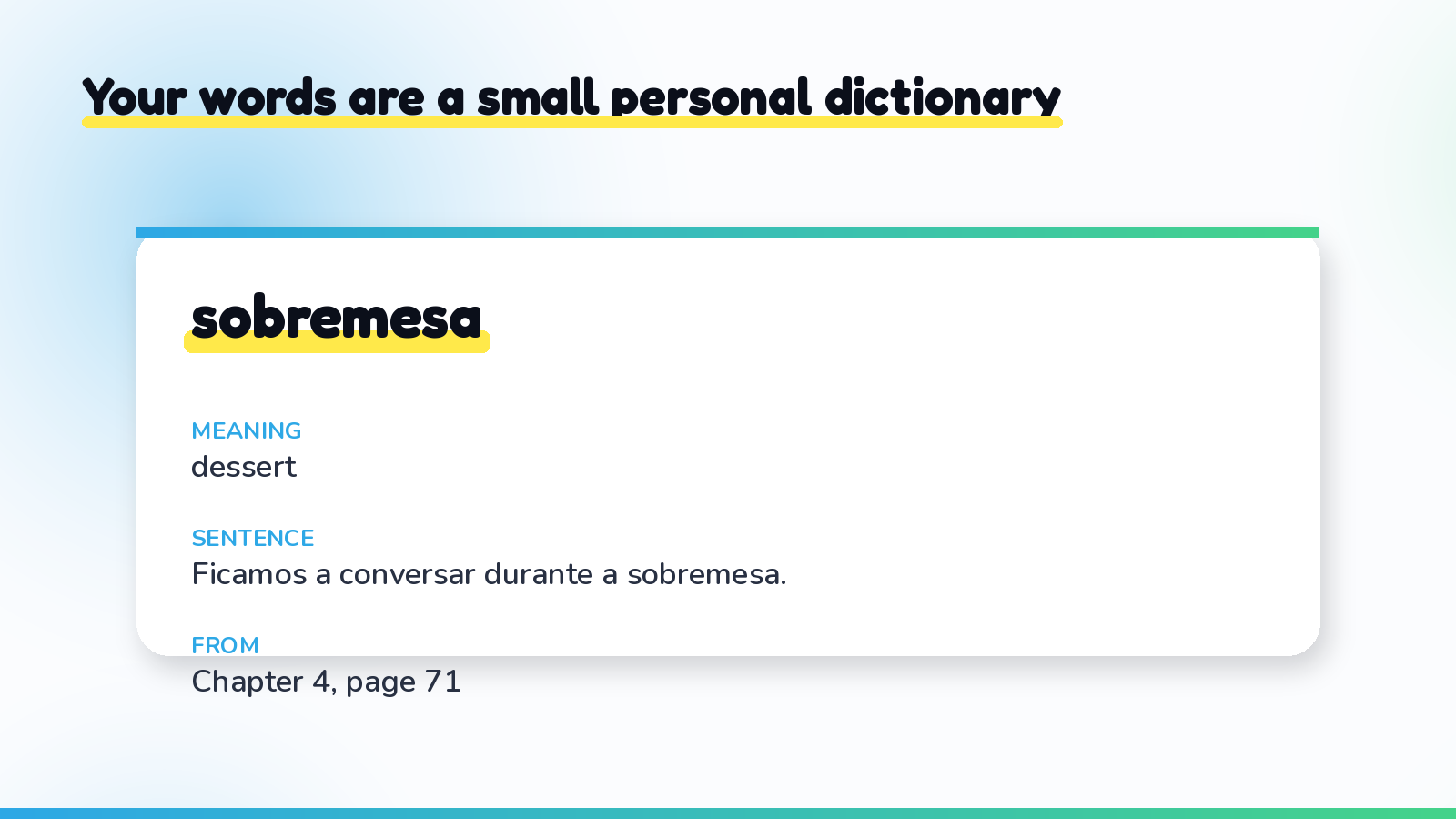 Your saved vocabulary is a small personal dictionary: each entry holds the word, its meaning, the sentence it came from, and the book it belongs to. Export hands that whole bundle back to you in a format other apps can read.