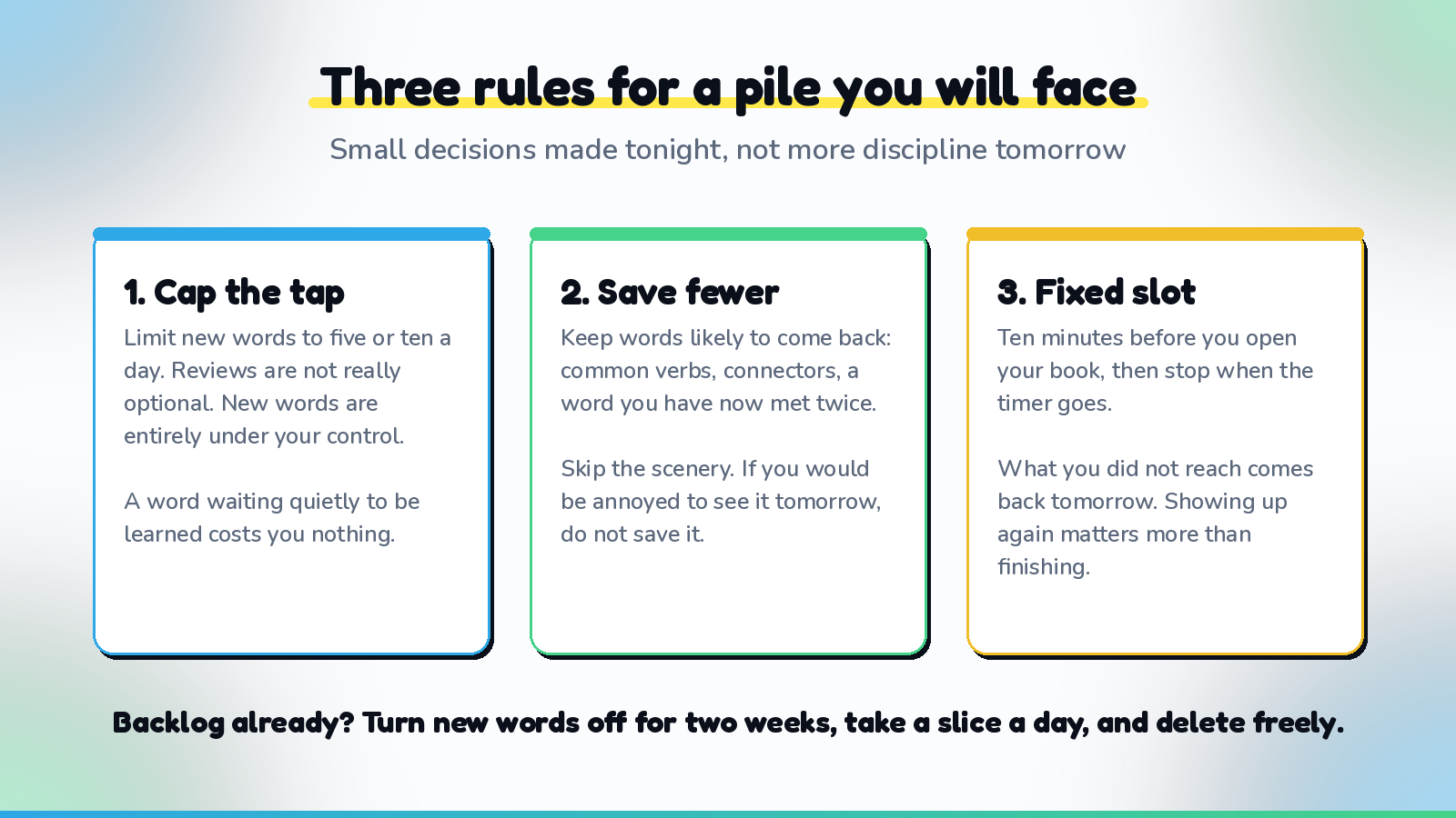 Three rules for a review pile you will actually face: cap new words to five or ten a day, save only words likely to return, and review for a fixed ten minutes before you read.
