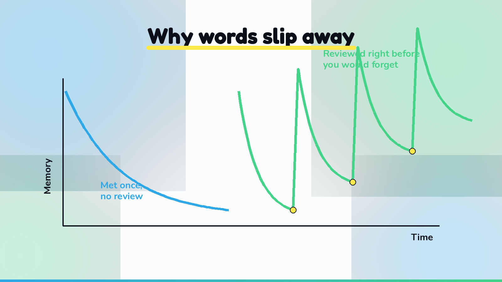 A simple memory curve showing how a word learned once fades within a day or two, while a word reviewed again right before it would be forgotten stays in memory longer each time.
