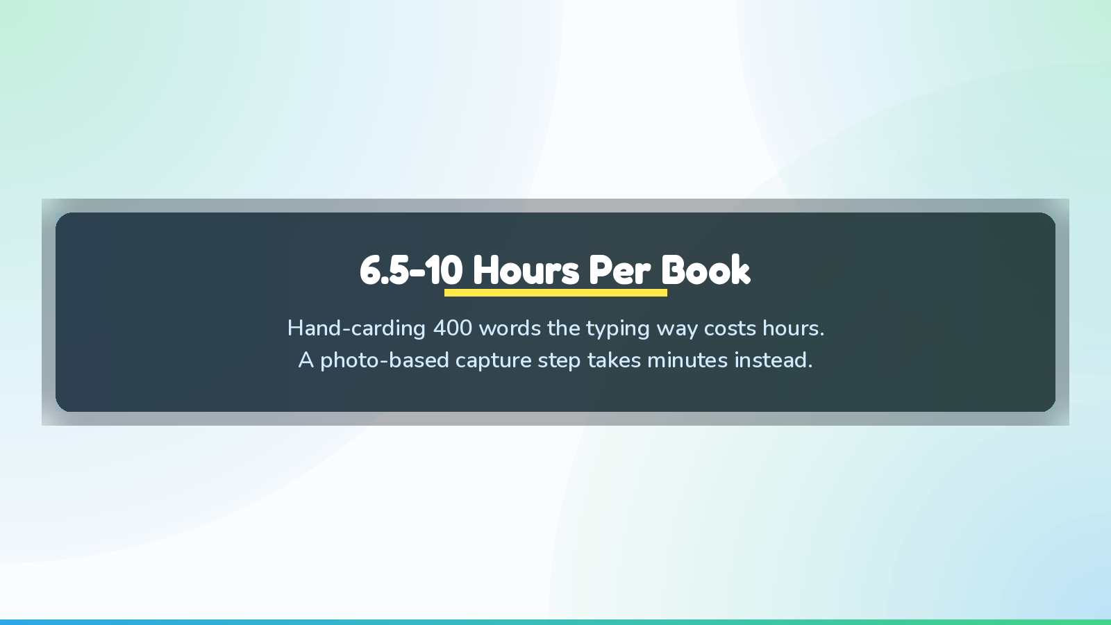 A simple time comparison: hand-building flashcards from a 400-word book costs roughly 6.5 to 10 hours of typing, while capturing the same words with a photo-based workflow takes minutes, leaving the hours for actual reading and review.