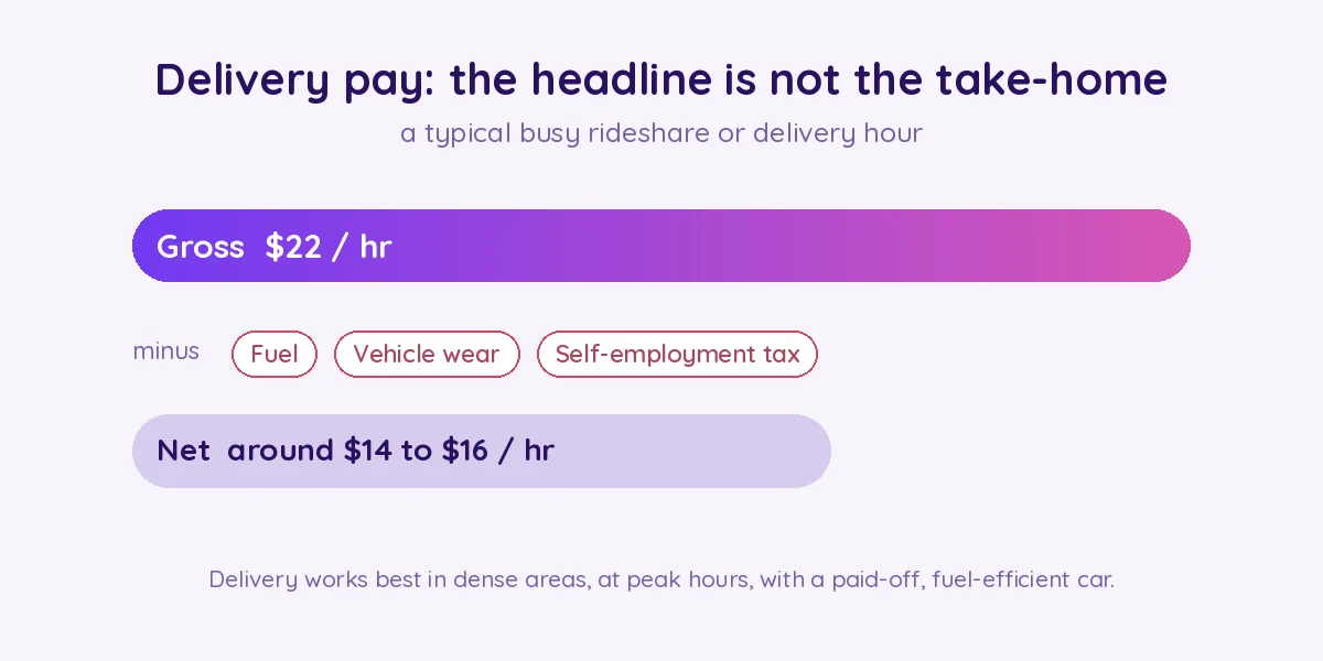 Delivery pay: gross versus net take-home after fuel, vehicle wear and tax