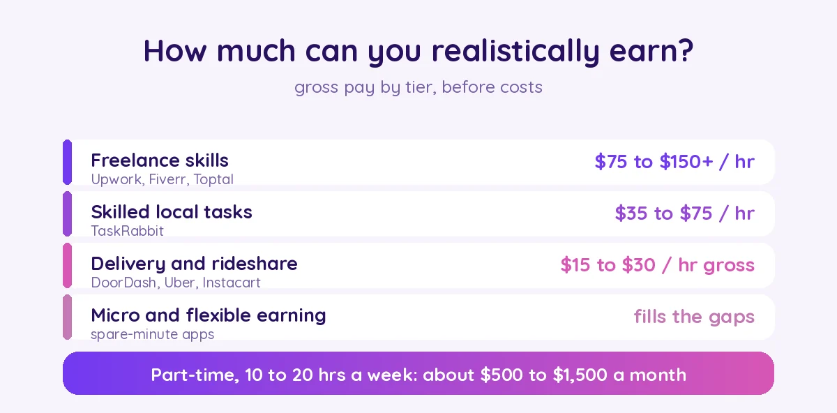 How much you can realistically earn by gig tier, part time 500 to 1500 dollars a month