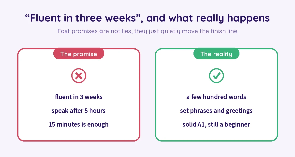 The promise versus the reality of learning a language in three weeks, showing survival phrases and a solid A1 rather than fluency