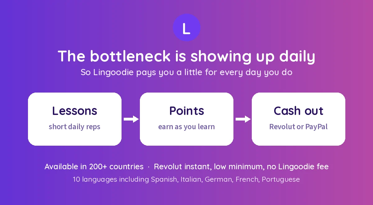 Learn a language, earn points as you go, and cash out via Revolut or PayPal in 200+ countries