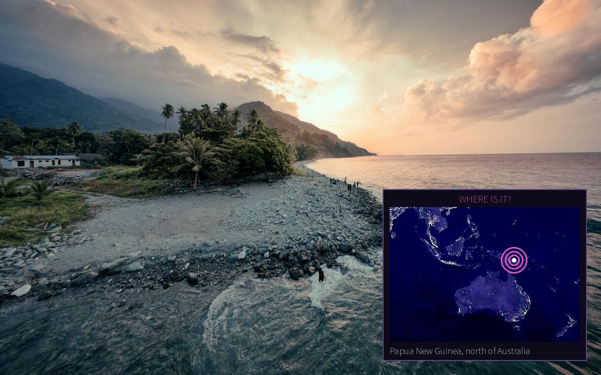 Coast of Papua New Guinea with an inset map showing its location north of Australia