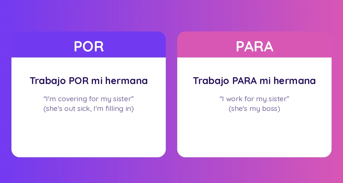 Trabajo por mi hermana means covering her shift, trabajo para mi hermana means she is your boss
