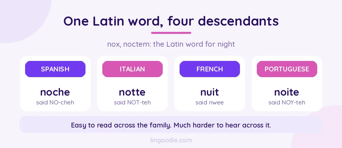 The word for night across four Romance languages, shown as spelling versus pronunciation