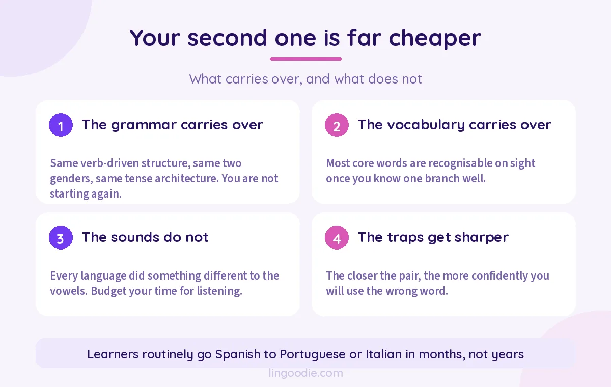 How much a second Romance language costs compared to the first, showing the drop from 600 hours