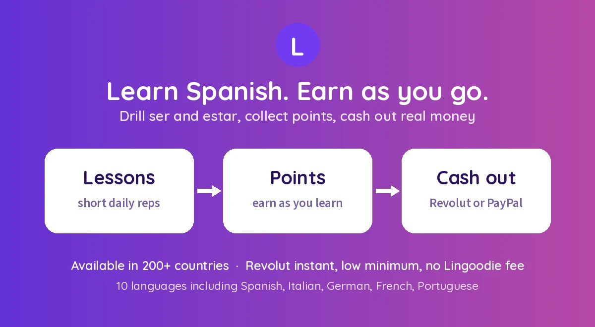 Practice Spanish, earn points, cash out via Revolut or PayPal in 200+ countries