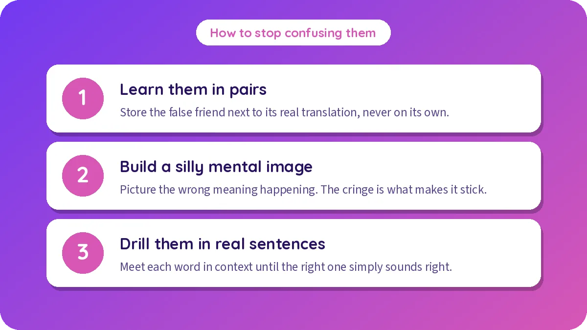 How to stop confusing Spanish false friends: learn them in pairs, build a silly mental image, drill in real sentences