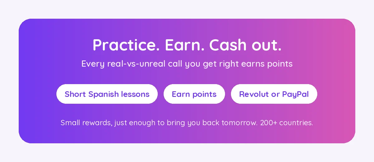 Ten sentences, one mood call each: the kind of real-versus-unreal drill Lingoodie pays you to get right, cash out via Revolut or PayPal